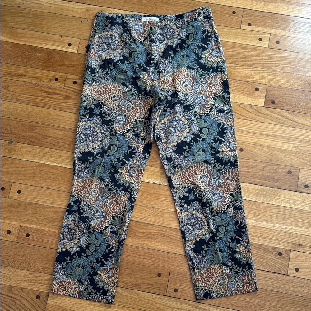 Real Clothes Navy Blue Floral Patterned Pants Women 12 Stretch Cotton Made USA
